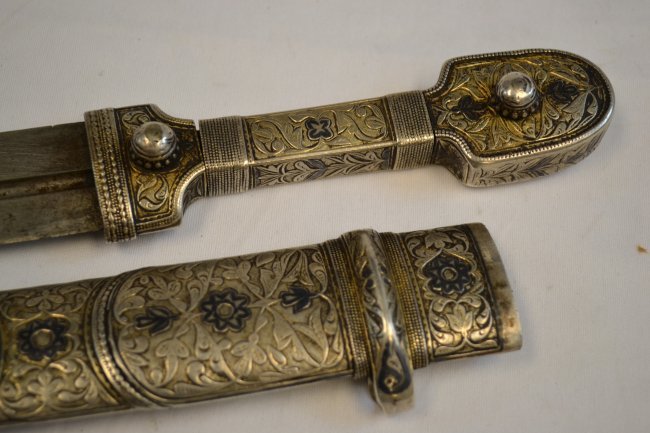 IMPERIAL RUSSIAN CAUCASIAN KINJAL DAGGER SILVER NIELLO: IMPERIAL RUSSIAN CAUCASIAN KINJAL DAGGER . SILVER , NIELLO . DAMAGE TO THE END OF SCABBARD . SILVER IMPERIAL MARKS. TIFLIS SIGNED. 23" LONG WITH 15.5" BLADE. FROM PRIVATE COLLECTION OF A.D.L