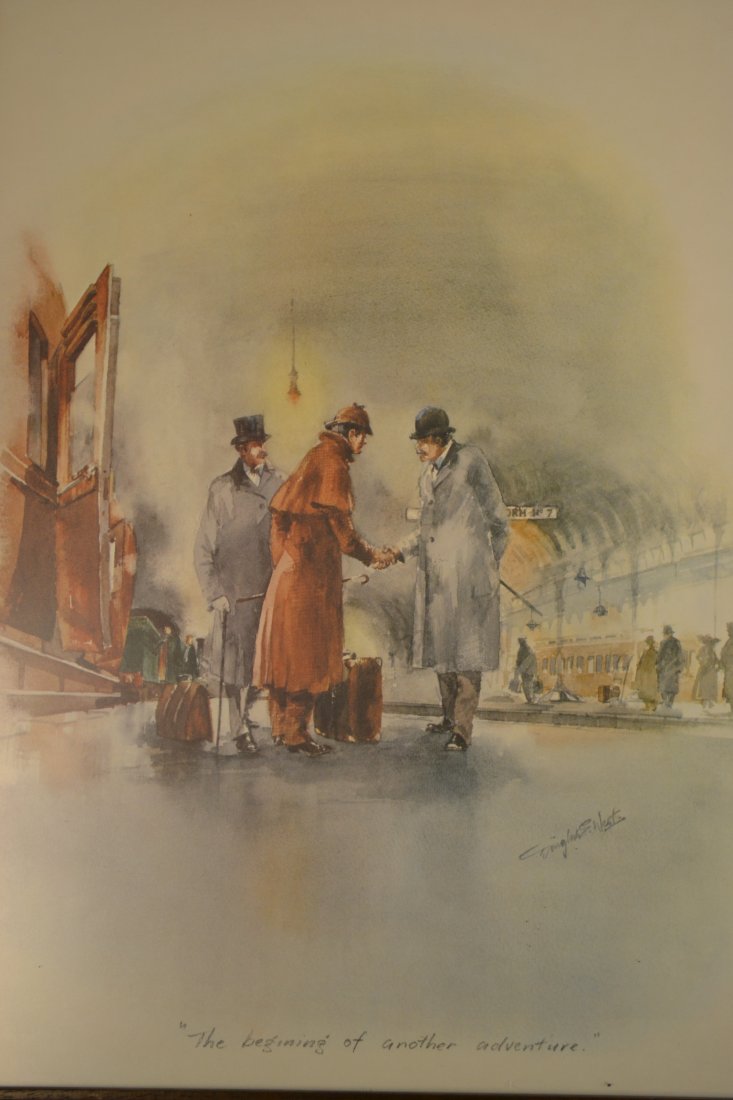 SHERLOCK HOLMES PRINT FRAMED ART "THE BEGINING OF... ": SHERLOCK HOLMES PRINT FRAMED ART "THE BEGINING OF ANOTHER ADVENTURE" . FRAMED IN LONDON ON BAKER STREET BY VAN KIMMENADE LTD . 17 x 13