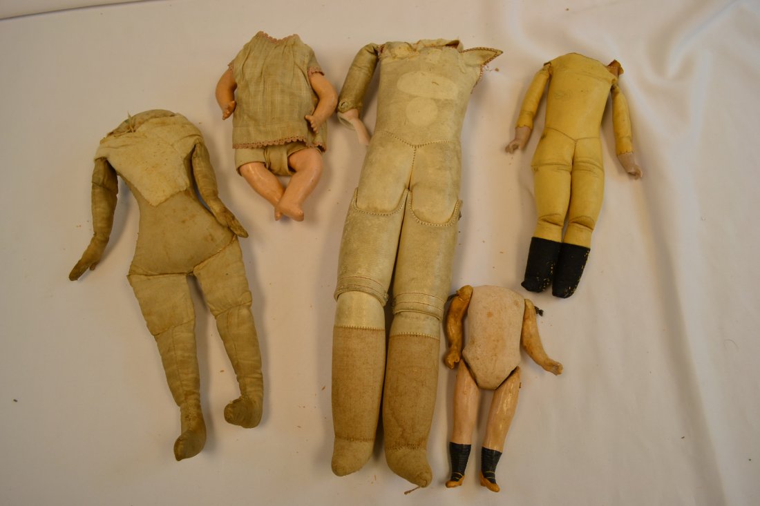 ANTIQUE 5 PAPIER MACHE AND PORCELAIN DOLLS BODIES: ANTIQUE 5 PAPIER MACHE AND PORCELAIN DOLLS BODIES. 19TH CENTURY .