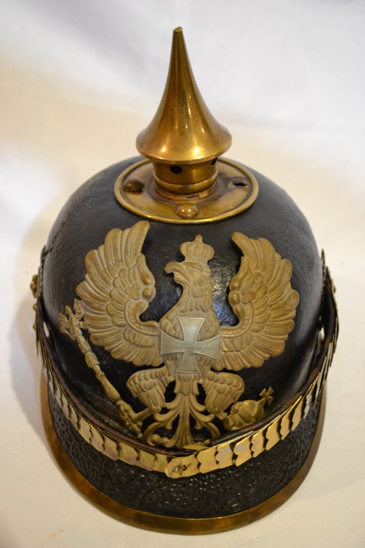 IMPERIAL GERMAN PRUSSIAN PICKELHAUBE SPIKE HELMET: IMPERIAL GERMAN PRUSSIAN RESERVIST PICKELHAUBE SPIKE HELMET . NICE HELMET FOR ITS AGE. DATED 1901 -1902 INSIDE . BRASS FITTINGS WITH SILVER TONE RESERVIST CROSS . BODY SHOWS ITS AGE. NO LINER . MISSIN