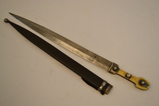 ANTIQUE RUSSIAN CAUCASIAN KINJAL DAGGER SILVER FITTINGS: ANTIQUE RUSSIAN CAUCASIAN KINJAL DAGGER . SILVER FITTINGS. BONE GRIP. NICE BLADE . 23.5\" LONG WITH 16.5\" BLADE