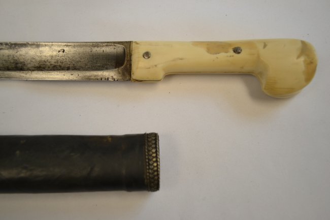 ANTIQUE RUSSIAN CAUCASIAN SHASHKA SWORD: ANTIQUE RUSSIAN CAUCASIAN SHASHKA SWORD . BONE GRIP . RESTORED SCABBARD. 34" LONG WITH 29" BLADE