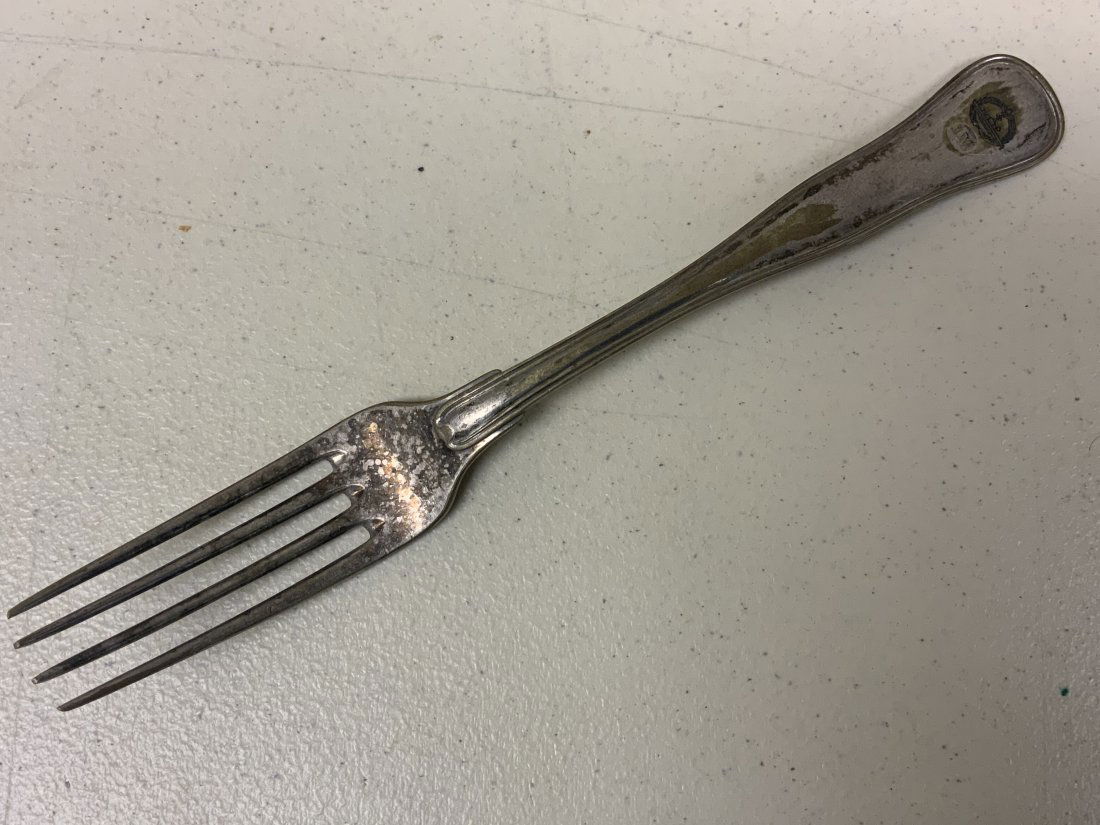 WWII GERMAN NICKEL SILVER KRIEGSMARINE U-BOAT FORK: WWII GERMAN NICKEL SILVER KRIEGSMARINE U-BOAT FORK . SOME SILVER HAS WORN OFF . MAKER STAMPED. U-BOAT BADGE ENGRAVED . JM INITIALS .