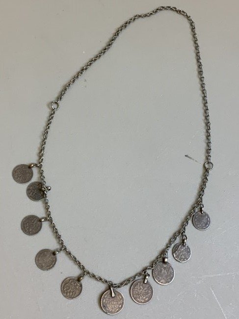 ANTIQUE RUSSIAN CAUCASIAN GYPSY SILVER COINS NECKLACE: ANTIQUE RUSSIAN CAUCASIAN GYPSY SILVER COINS NECKLACE . ALL IMPERIAL RUSSIAN AND OTTOMAN SILVER COINS. COMPLETE WITH SILVER CHAIN .