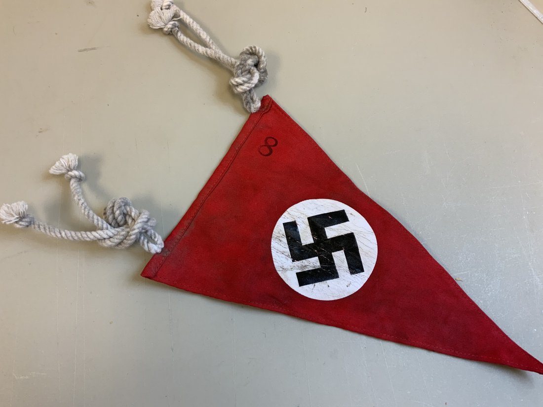 WWII GERMAN CAR PENNANT NSDAP REPRODUCTION: WWII GERMAN CAR PENNANT NSDAP REPRODUCTION . POST WAR MADE. COMPLETE WITH TIE ROPES. SOME WEAR .