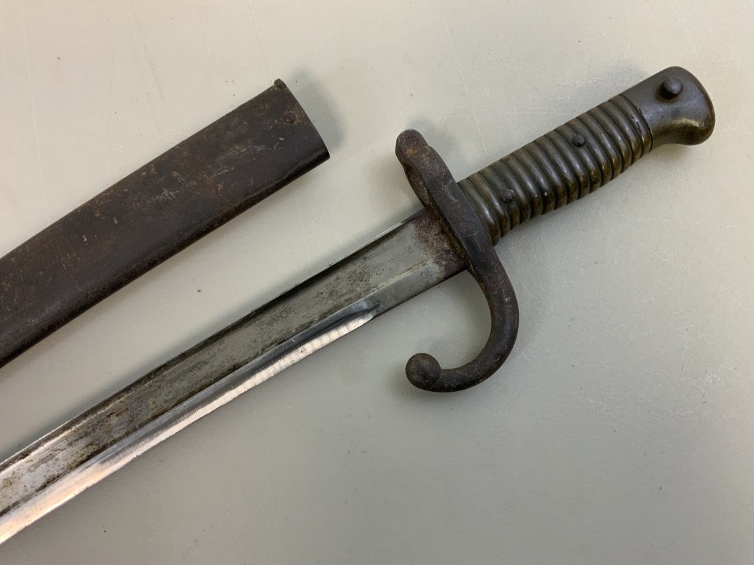 ANTIQUE FRENCH M 1866 CHASSEPOT BAYONET: ANTIQUE FRENCH M 1866 CHASSEPOT BAYONET . VERY GOOD CONDITION FOR ITS AGE . 1869 DATED
