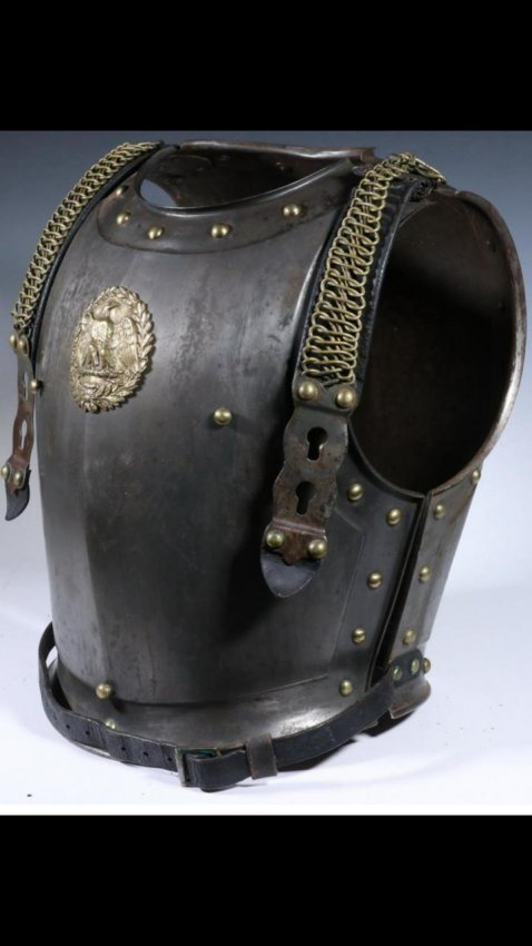 FRENCH SECOND EMPIRE CAVALRY CUIRASSIER ARMOR PLATES: FRENCH SECOND EMPIRE CAVALRY CUIRASSIER ARMOR PLATES. IMPERIAL EAGLE BREAST PLATE. KLINGENTHAL ROYAL ARMORY ENGRAVED INSIDE AND DATED 1853 . MATCHING SERIAL NUMBER TO THE BACK PLATE. NAPOLEON III ERA.
