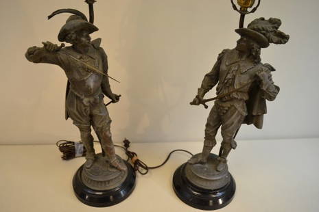 ANTIQUE FRENCH MUSKETEERS LARGE STATUES MADE INTO LAMPS: ANTIQUE FRENCH MUSKETEERS STATUES MADE INTO LAMPS . 30" TALL