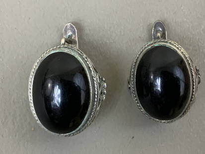 ANTIQUE RUSSIAN ONYX SILVER EARRINGS: ANTIQUE RUSSIAN ONYX SILVER EARRINGS