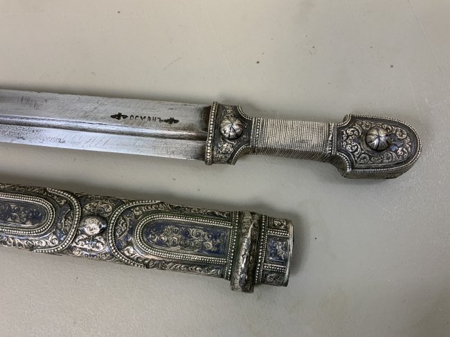 IMPERIAL RUSSIAN CAUCASIAN KINJAL DAGGER OSMAN SILVER: IMPERIAL RUSSIAN CAUCASIAN KINJAL DAGGER . SILVER , NIELLO . MADE BY FAMOUS MASTER " OSMAN" . 18.5" LONG WITH 12" BLADE . FROM PRIVATE COLLECTION OF A.D.L.