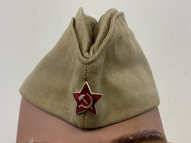 WWII STYLE SOVIET RUSSIAN SOLDIER'S PILOTKA HAT CAP 55: WWII STYLE SOVIET RUSSIAN SOLDIER'S PILOTKA HAT CAP. SIZE 55 . NAMED INSIDE. DATES TO 1970'S-80'S