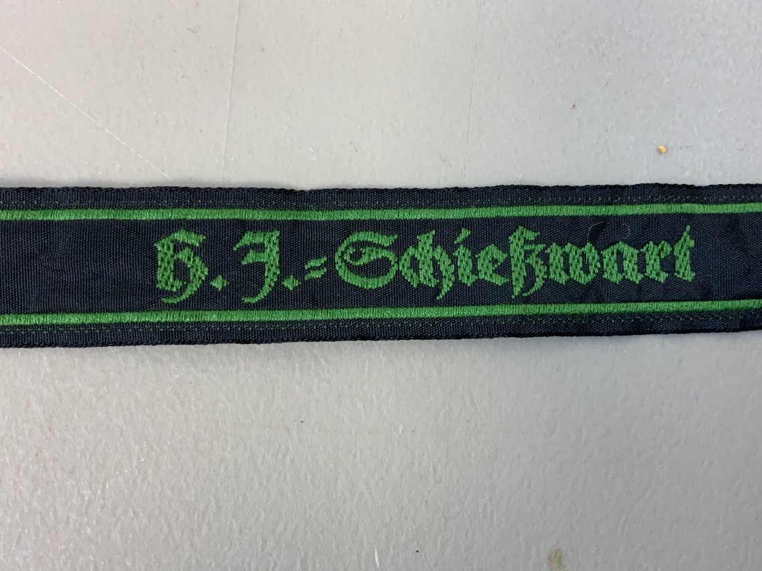 WWII GERMAN HITLER YOUT "HJ Scheisswart" CUFFTITLE: WW2 German Hitler Youth Scheisswart HJ. HJ Shooting Event Attendant Cuff Title. Cut from uniform.