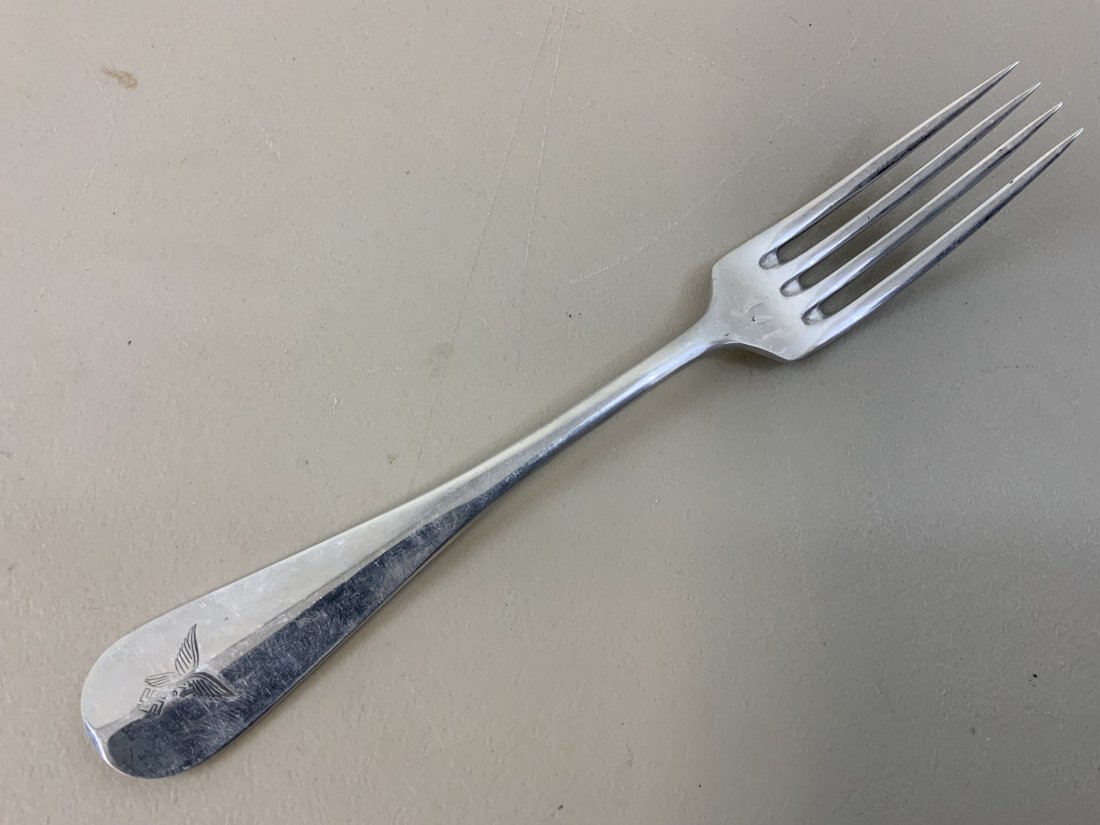 WWII GERMAN LUFTWAFFE POLISHED ALUMINUM FORK 1938: WWII GERMAN LUFTWAFFE POLISHED ALUMINUM FORK 1938 . MINTY CONDITION. NICELY STAMPED WITH EARLY LUFTWAFFE EAGLE AND V.S.M.38 AND F1.U.V. 8" LONG