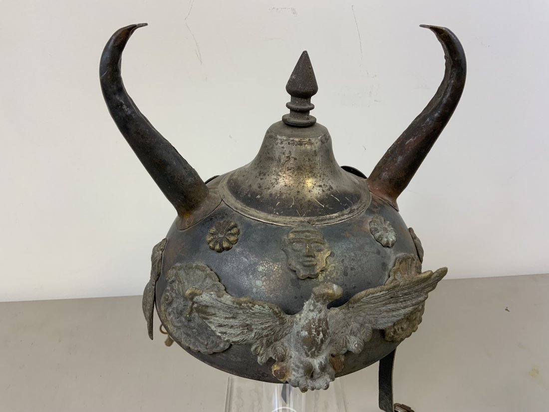 INDO-PERSIAN KULAH KHUD METAL DECORATED HELMET: INDO-PERSIAN KULAH KHUD METAL DECORATED HELMET . HORNED "DEVIL'S" HELMET . METAL AND BRASS DECORATIONS. NICE DECORATOR.