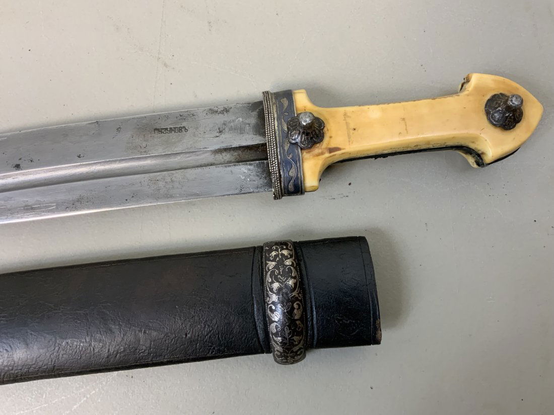 ANTIQUE FINE IMPERIAL RUSSIAN BEBUT SILVER "GUZUNOV" KINJAL DAGGER: ANTIQUE FINE IMPERIAL RUSSIAN BEBUT . SILVER NIELLO FITTINGS. "GUZUNOV" STAMPED ON THE BLADE. VERY BEAUTIFUL PIECE ! 84 SILVER STAMPED AND DATED 1879