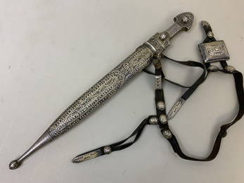 ANTIQUE  RUSSIAN CAUCASIAN GEORGIAN KINJAL DAGGER SILVER FILGREE WITH BELT