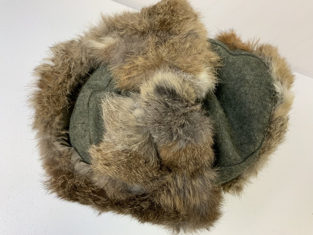 WWII GERMAN ARMY RUSSIAN FRONT WINTER RABBIT FUR "USHANKA" HAT: WWII GERMAN ARMY RUSSIAN FRONT WINTER RABBIT FUR "USHANKA" HAT . VERY GOOD CONDITION . RBN. NUMBERED . DATED 1943 . SIZE 55
