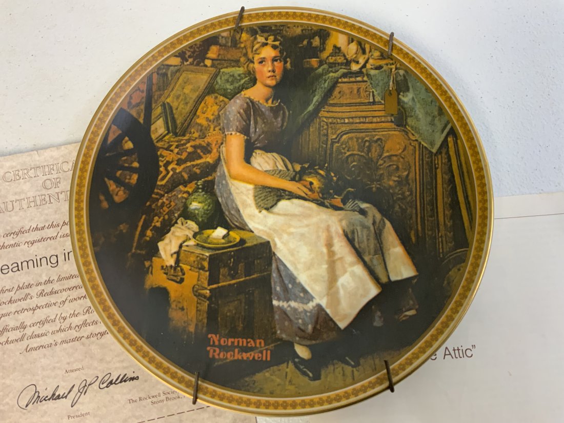 EDWIN KNOWLES PORCELAIN PLATE ROCKWELL'S "DREAMING IN THE ATTIC" WITH PAPERS: EDWIN KNOWLES PORCELAIN PLATE ROCKWELL'S "DREAMING IN THE ATTIC" WITH PAPERS