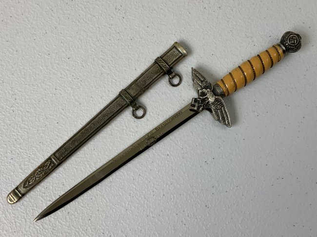 NAZI GERMAN LUFTWAFFE MINIATURE DAGGER 2nd MODEL WKC SOLINGEN DEDICATION: This WKC Luftwaffe Miniature Dagger is a beautiful and nicely made piece, in a very desirable 3/4 size. This is a 2nd model version. The blade is outstanding, with full original luster. The front of t
