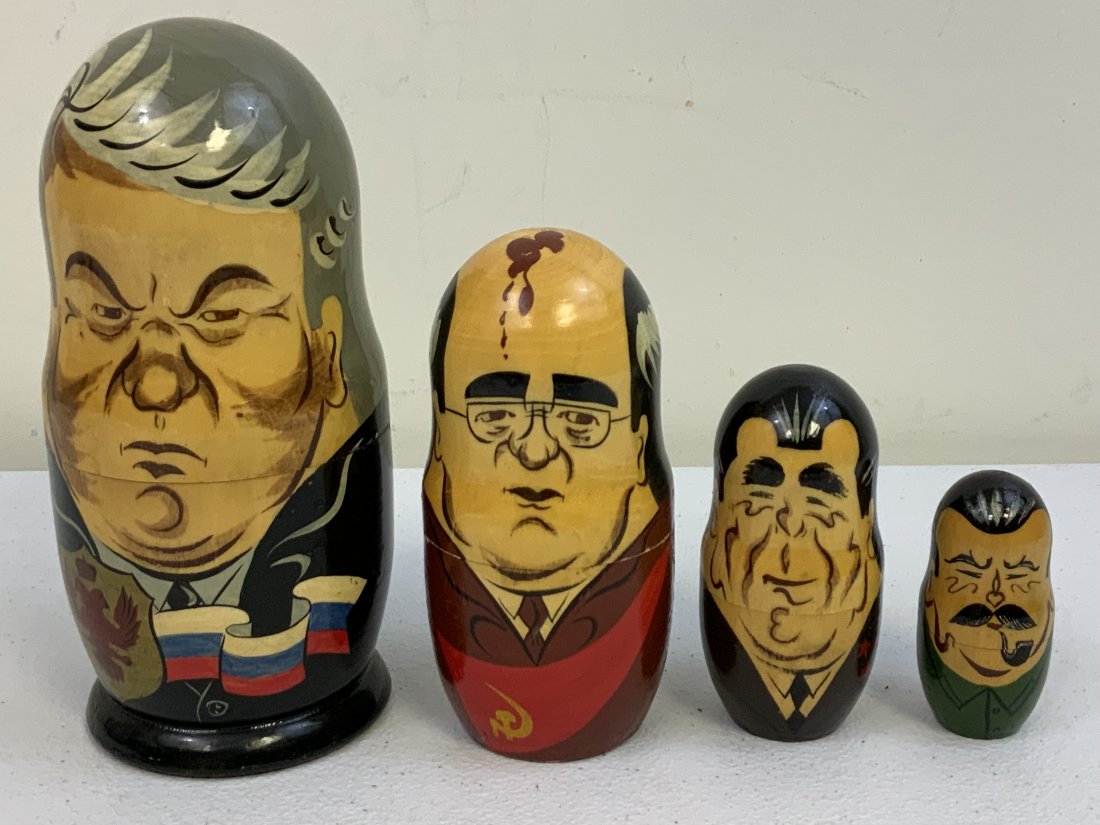 RUSSIAN POLITICAL MATRYOSHKA WOODEN NESTING DOLLS - SET OF 4: RUSSIAN POLITICAL MATRYOSHKA WOODEN NESTING DOLLS - SET OF 4 . HAND PAINTED POLITICAL LEADERS DESIGN. STALIN , BREZHNEV , GORBACHEV , ELTSIN. 7.5" TALLEST TO 3" SMALLEST DOLL.