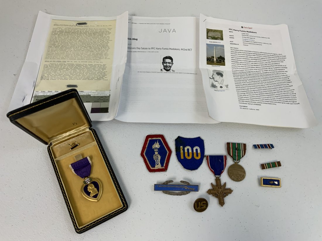 WWII US AWARDS AND MEDAL GROUPING TO ARMY PFC KIA WITH RESEARCH PAPERWORK: ARMY PFC HARRY F. MADOKORO . KILLED IN ACTION IN AUGUST 1944 . GROUP CONSISTS OF ENGRAVED DSC WRAPPED BROOCH MEDAL IN CASE , PIN BROKEN , CASED PURPLE HEART ENGRAVED WITH LAPEL PIN IN CASE , EAME MEDA