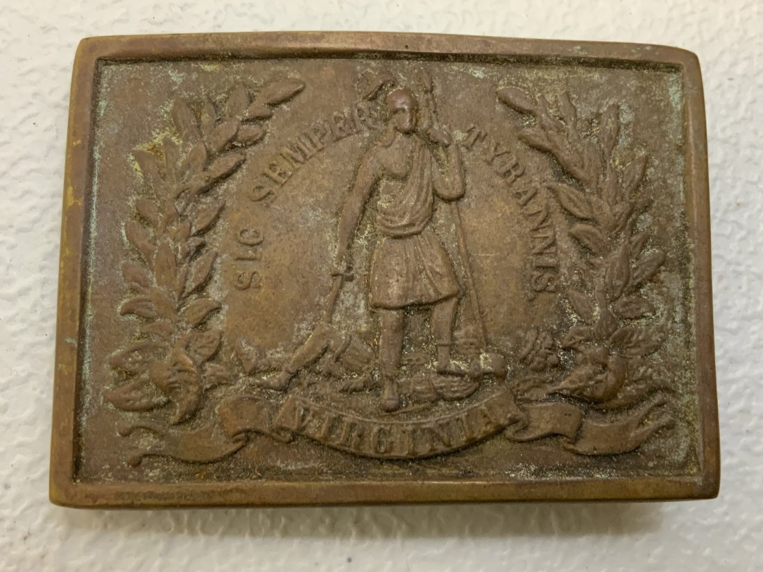 US CIVIL WAR CONFEDERATE VIRGINIA STATE ENLISTED MAN BELT BUCKLE: US CIVIL WAR CONFEDERATE VIRGINIA STATE ENLISTED MAN BELT BUCKLE. BRASS. DISPLAYS A GREAT AGE . POSSIBLE GROUND FIND. STAMPED 1862 ON THE REVERSE. COMPLETE WITH 3 HOOKS.