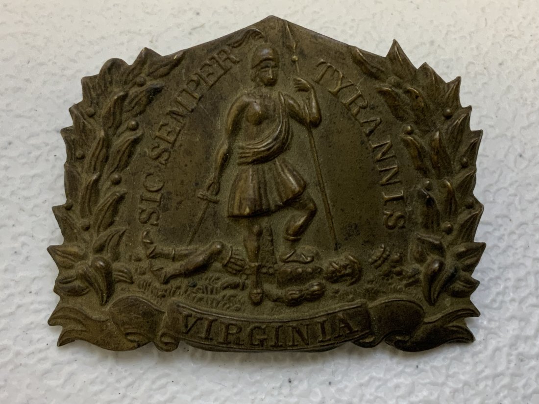 US CIVIL WAR CONFEDERATE VIRGINIA STATE CAP INSIGNIA BADGE: US CIVIL WAR CONFEDERATE VIRGINIA STATE CAP INSIGNIA BADGE.BRASS. GREAT CONDITION . NON EXCAVATED. COMPLETE WITH 2 ATTACHING LOOPS.