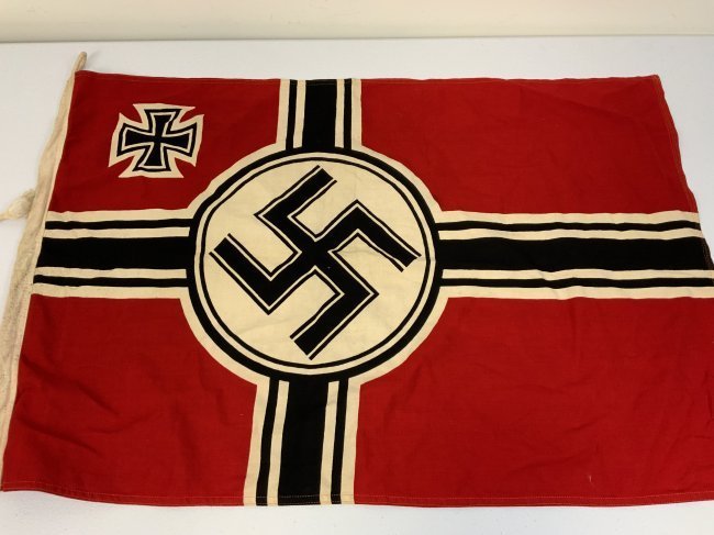 WWII GERMAN SMALL SIZE KRIEGS BATTLE FLAG: WWII GERMAN SMALL SIZE KRIEGS BATTLE FLAG . MINT CONDITION COTTON FLAG. INK STAMPED REICHSKRIEGSFAHNE 60 X 90 . APPROX. 35" X 23". COMPLETE WITH HANGING ROPE.