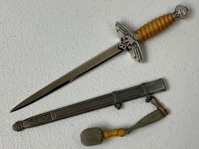NAZI GERMAN LUFTWAFFE MINIATURE DAGGER 2nd MODEL SMF SOLINGEN DEDICATION: This SMF Luftwaffe Miniature Dagger is a beautiful and nicely made piece, in a very desirable 3/4 size. This is a 2nd model version. The blade is outstanding, with full original luster. The front of t