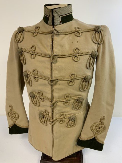 ANTIQUE VICTORIAN ERA BRITISH HUSSAR PELISSE TAN COLOR TUNIC: ANTIQUE VICTORIAN ERA BRITISH HUSSAR PELISSE TAN COLOR TUNIC . SHOWS WEAR AND AGE. NAMED INSIDE . RARE .