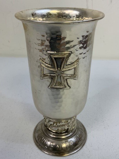 WWII GERMAN LUFTWAFFE HONOR GOBLET: WWII GERMAN LUFTWAFFE HONOR GOBLET . THIS NICKEL SILVER PLATED COPY OF ORIGINAL HIGHLY VALUABLE LUFTWAFFE AWARD. POST WAR MADE WITH GREAT DETAILS. SAME SIZE AS ORIGINAL . GREAT DISPLAY PIECE.