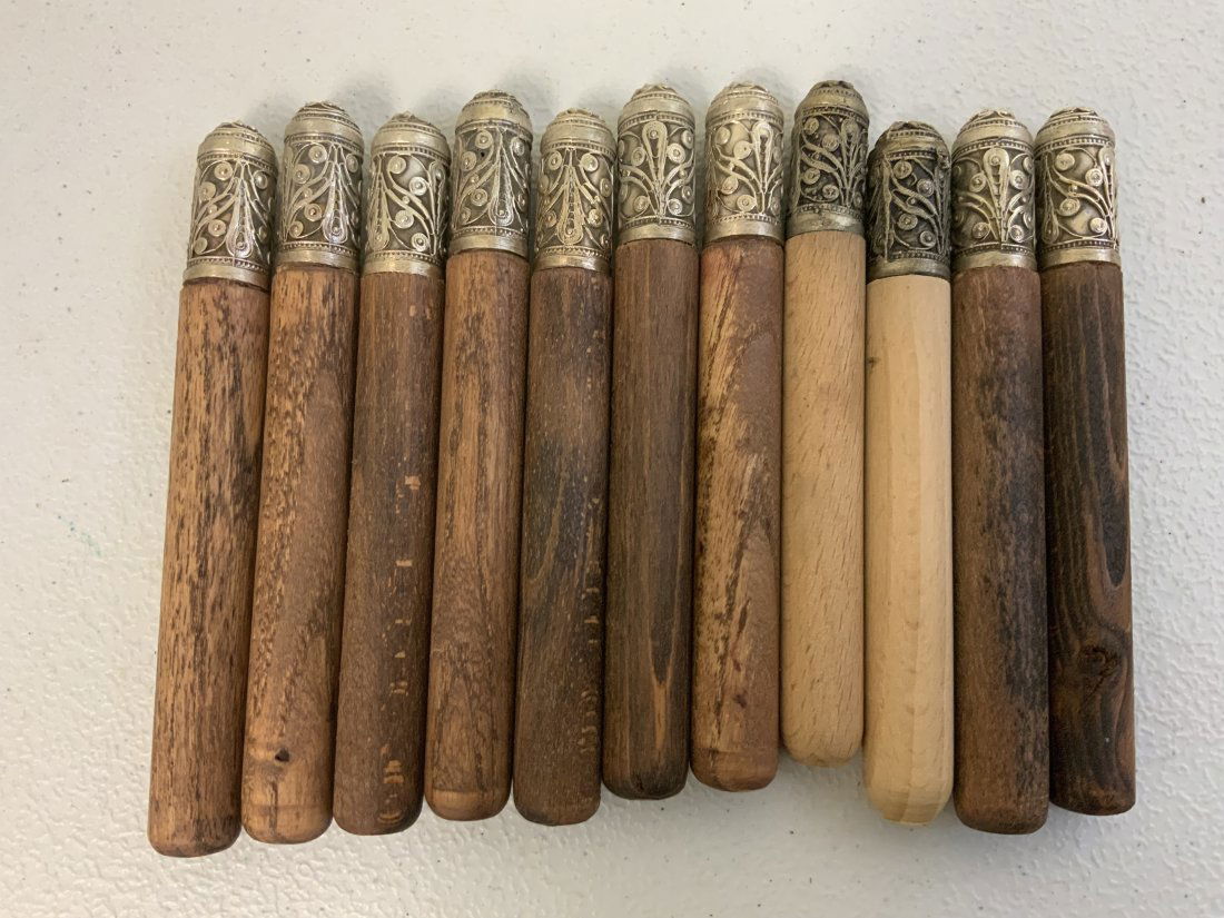 RUSSIAN COSSACK CAUCASIAN SET OF 11 GAZIRI FOR CHERKESKA DRESS: RUSSIAN COSSACK CAUCASIAN SET OF 11 GAZIRI FOR CHERKESKA DRESS . SOLID WOOD WITH SILVER METAL DECORATED TOPS.