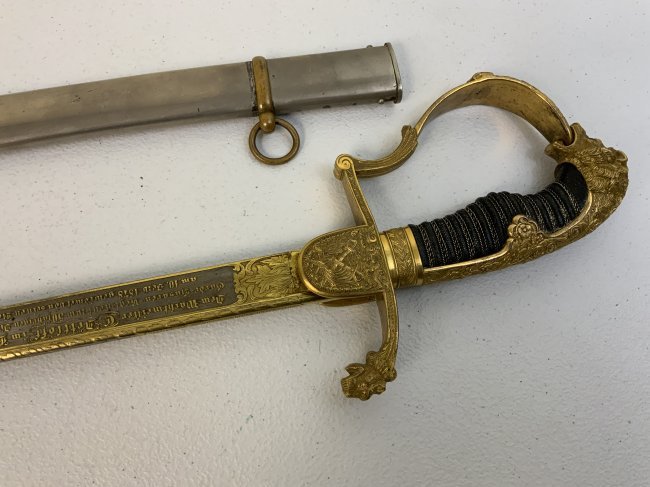 IMPERIAL GERMANY DAMASCUS BLADE PRUSSIAN NAMED PRESENTATION SWORD: IMPERIAL GERMANY DAMASCUS BLADE PRUSSIAN NAMED PRESENTATION SWORD. OUTSTANDING PIECE ! LARGE HILT TYPE . LION HEAD WITH GLASS EYES. HIGHLY DECORATED AND GILDED.BEAUTIFUL DAMASCUS BLADE WITH EXTENSIVE 