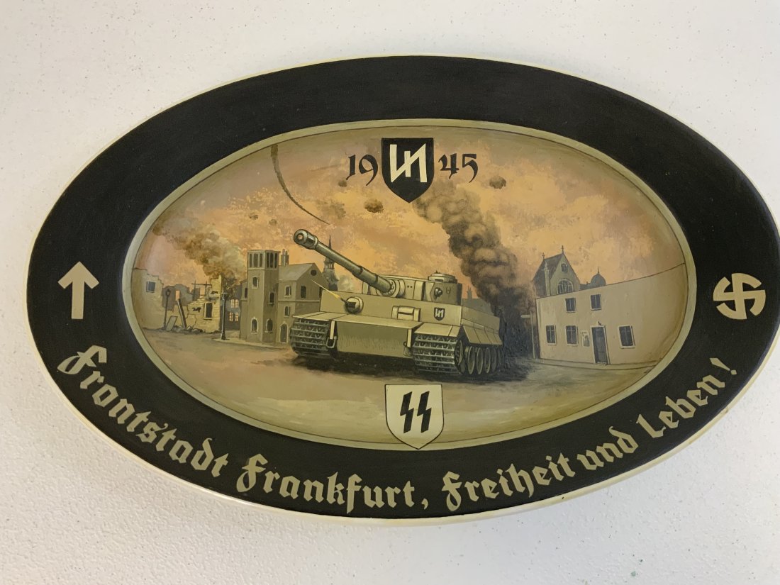 WWII GERMAN SS PANZER 1945 LARGE PORCELAIN DISH SERVING PLATE: WWII GERMAN SS PANZER 1945 LARGE PORCELAIN DISH SERVING PLATE . ARTIST HAND PAINTED BEAUTIFUL PIECE. 1941 DATED BAVARIA LARGE 16" X 10 1/2" NAZI EAGLE MARKED SERVING PLATE. HEAVY .