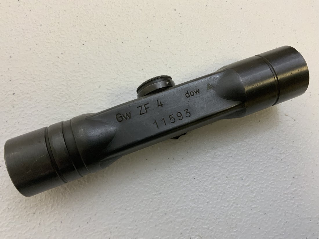 WWII GERMAN ZF 4 SNIPER SCOPE FOR K98 , G43 , K43 RIFLE: This is an original ZF 4 scope for a WW2 era German rifle (K98, G43, K43). The scope is marked "Gw ZF 4 dow" with 11593 number. There's also a green triangle next to the "dow" stamp, which is an indic
