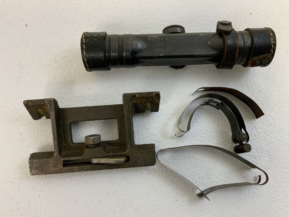 WWII GERMAN ZF 4 SNIPER SCOPE FOR G43 , K43 RIFLE WITH MOUNT AND COVERS: This is an original ZF 4 scope for a WW2 era German rifle ( G43, K43). The scope is marked "Gw ZF 4 ddx with 23267 number. There's also a green triangle next to the ddx stamp, which is an indication f