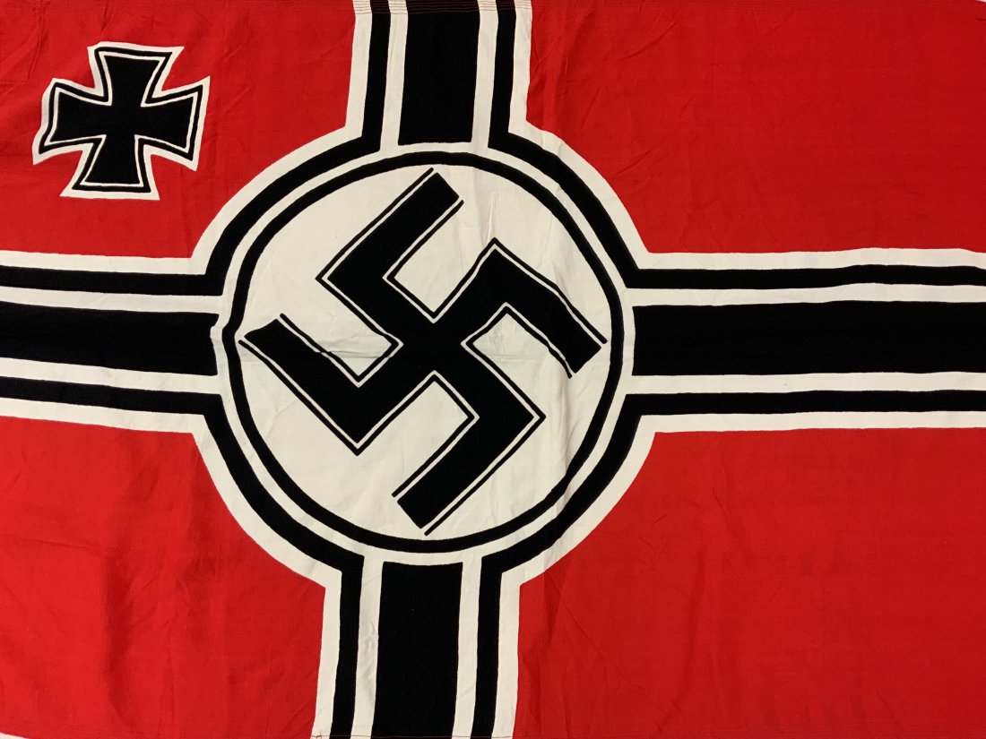 WWII NAZI GERMANY WAR FLAG KRIEGSFLAGGE: WWII NAZI GERMANY WAR FLAG KRIEGSFLAGGE . VERY GOOD CONDITION . COMPLETE WITH ATTACHING ROPE . INK STAMPED. 53" X 30"