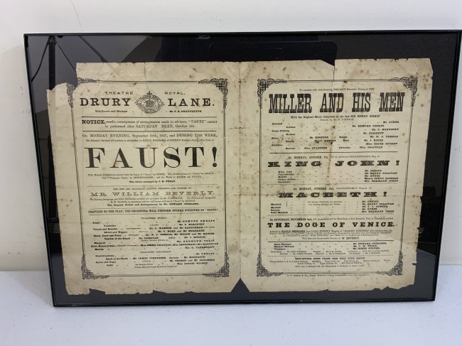 VICTORIAN LONDON PLAYBILL THEATRE ROYAL DRURY LANE "FAUST" 1867 FRAMED: VICTORIAN LONDON PLAYBILL THEATRE ROYAL DRURY LANE ADVERTISING "FAUST" IN 1867 . 17 1/4 X 11 1/4 . FRAMED .