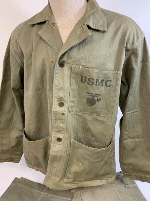 WWII USMC HBT JACKET AND PANTS WW2 ERA ORIGINAL NAMED: WWII USMC HBT JACKET AND PANTS WW2 ERA ORIGINAL . RARE ORIGINAL WWII SET. WORN BUT STILL IN VERY GOOD CONDITION . SOME STAINS. NAMED AND NUMBERED INSIDE . RARE .