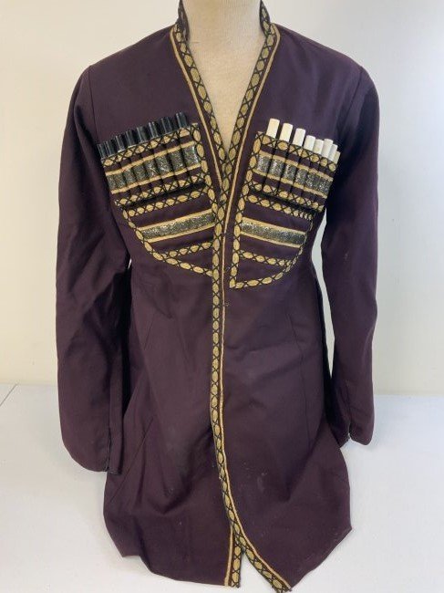 ANTIQUE GEORGIAN CAUCASIAN TRADITIONAL DRESS UNIFORM CHERKESKA: ANTIQUE GEORGIAN CAUCASIAN TRADITIONAL DRESS UNIFORM CHERKESKA . MAROON COLOR WOOL MATERIAL. WORN BUT IN VERY NICE CONDITION. NAME LABEL INSIDE. LARGE SIZE.