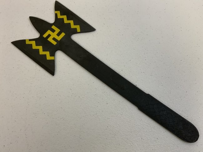 VINTAGE APACHE THROWING TOMAHAWK WITH GOOD LUCK SYMBOL: VINTAGE APACHE THROWING TOMAHAWK WITH WHIRLING LOG GOOD LUCK SYMBOL. GREAT CONDITION. STAMPED. 14" LONG WITH 4.5"HEAD.
