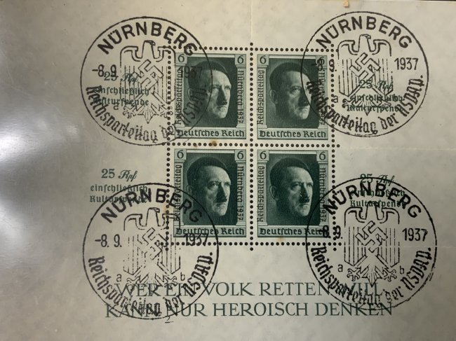 NAZI GERMAN ADOLF HITLER STAMPS CANCELED 1937 SOUVENIR SHEET: NAZI GERMAN ADOLF HITLER STAMPS CANCELED 1937 SOUVENIR SHEET. 6 X 4 . EX STACKS AUCTION NEW YORK NY SOLD.