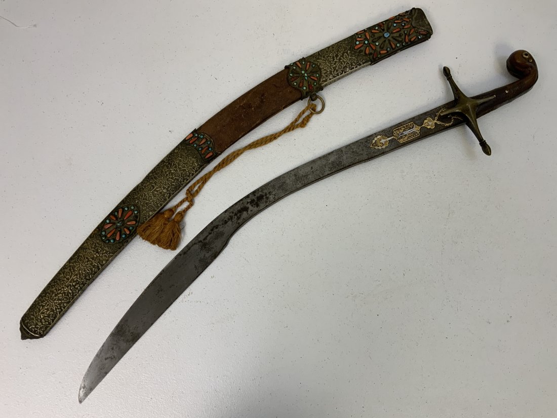 ANTIQUE OTTOMAN TURKISH ISLAMIC DAMASCUS BLADE STONE DECORATED KILIJ SWORD: ANTIQUE OTTOMAN TURKISH ISLAMIC DAMASCUS BLADE STONE DECORATED KILIJ SWORD . VERY RARE AND BEAUTIFUL CORAL AND TURQUOISE DECORATED FITTINGS SCABBARD . FINE DAMASCUS BLADE WITH SILVER AND GOLD INLAYS.
