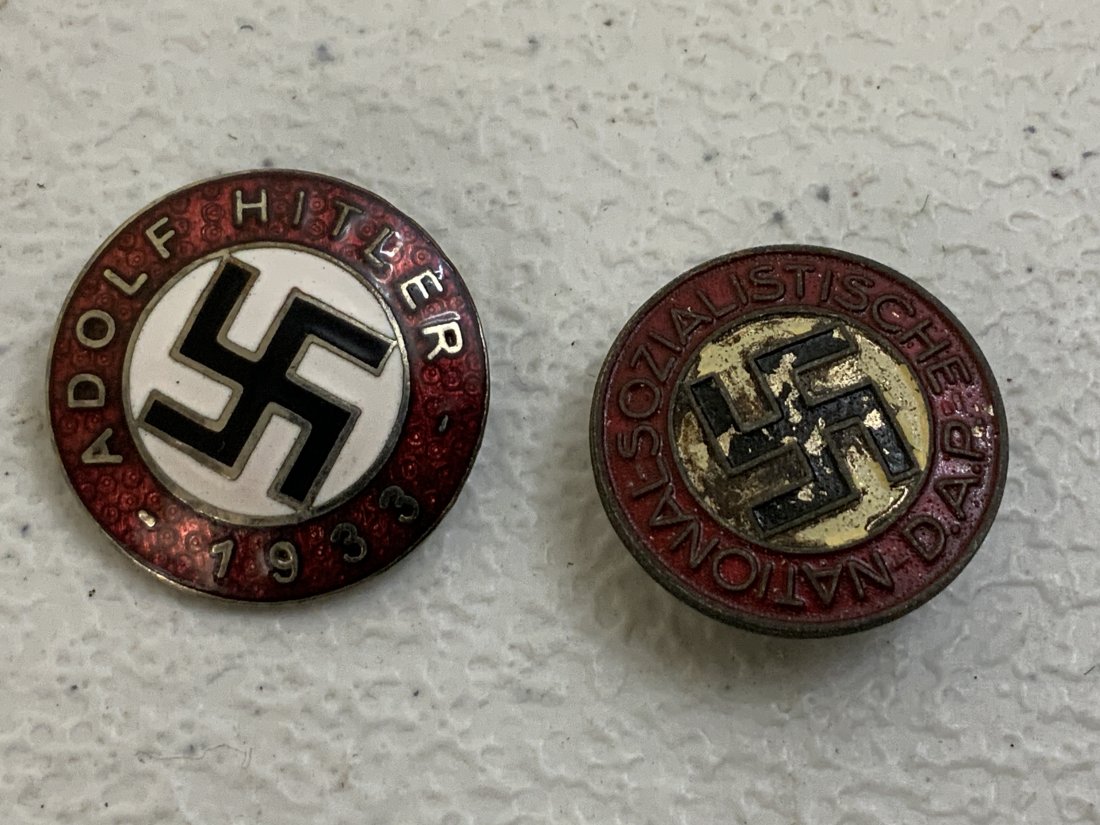 NAZI GERMANY THIRD REICH BUTTON HOLE PARTY BADGE AND AH 1933 PIN: NAZI GERMANY THIRD REICH BUTTON HOLE PARTY BADGE AND AH 1933 PIN . BOTH RZM MARKED.