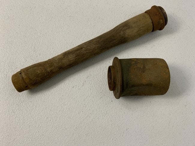 WWII GERMAN M24 INERT GROUND RECOVERED STICK GRENADE POTATO MASHER: WWII GERMAN M24 INERT GROUND RECOVERED STICK GRENADE POTATO MASHER. GROUND FIND IN EASTERN EUROPE. USA BIDDERS ONLY .