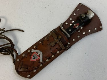 NAZI GERMANY HITLER YOUTH HJ DAGGER KNIFE CAPTURED BY US GI AND SOLDIERS ART LEATHER CARRY SHEET
