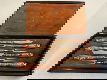ANTIQUE JAPANESE FORK KNIVES SET IN WOODEN LACQUER FITTED BOX