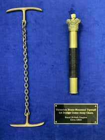 ANTIQUE VICTORIAN BRITISH EMPIRE BRASS TIPSTAFF AND COME AWAY CHAIN CASED 1860'S
