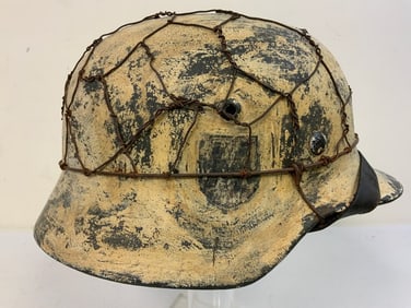 WWII GERMAN WHITE WINTER SNOW CAMMO PAINTED WITH WIRE AND SS DECALS HELMET