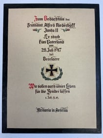 WWI IMPERIAL GERMANY LT. ALFRED NIEDERHOFF PILOT MEMORIAL KILLED IN ACTION DOCUMENT